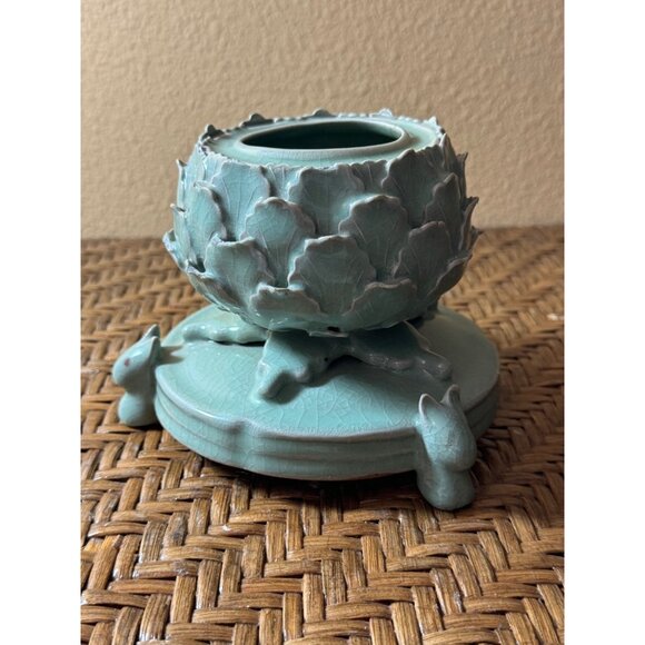 Vintage Celadon Porcelain Lotus Flower Incense Burner With Rabbit Design - Picture 1 of 6